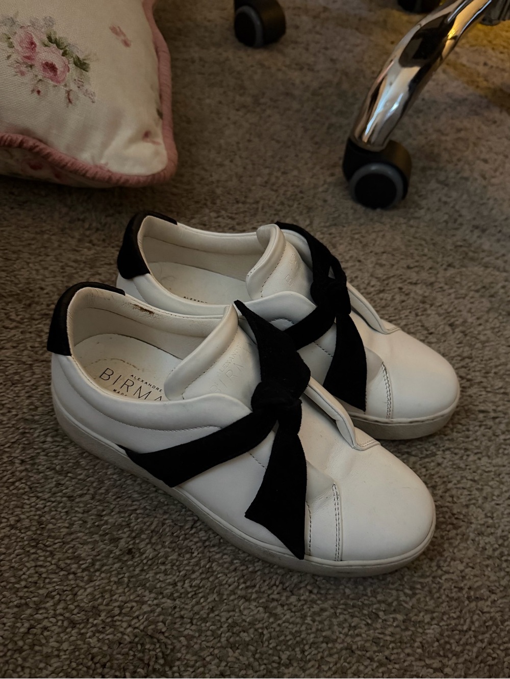 BIRMAN!! White Leather Sneakers with Black Bow Accent -